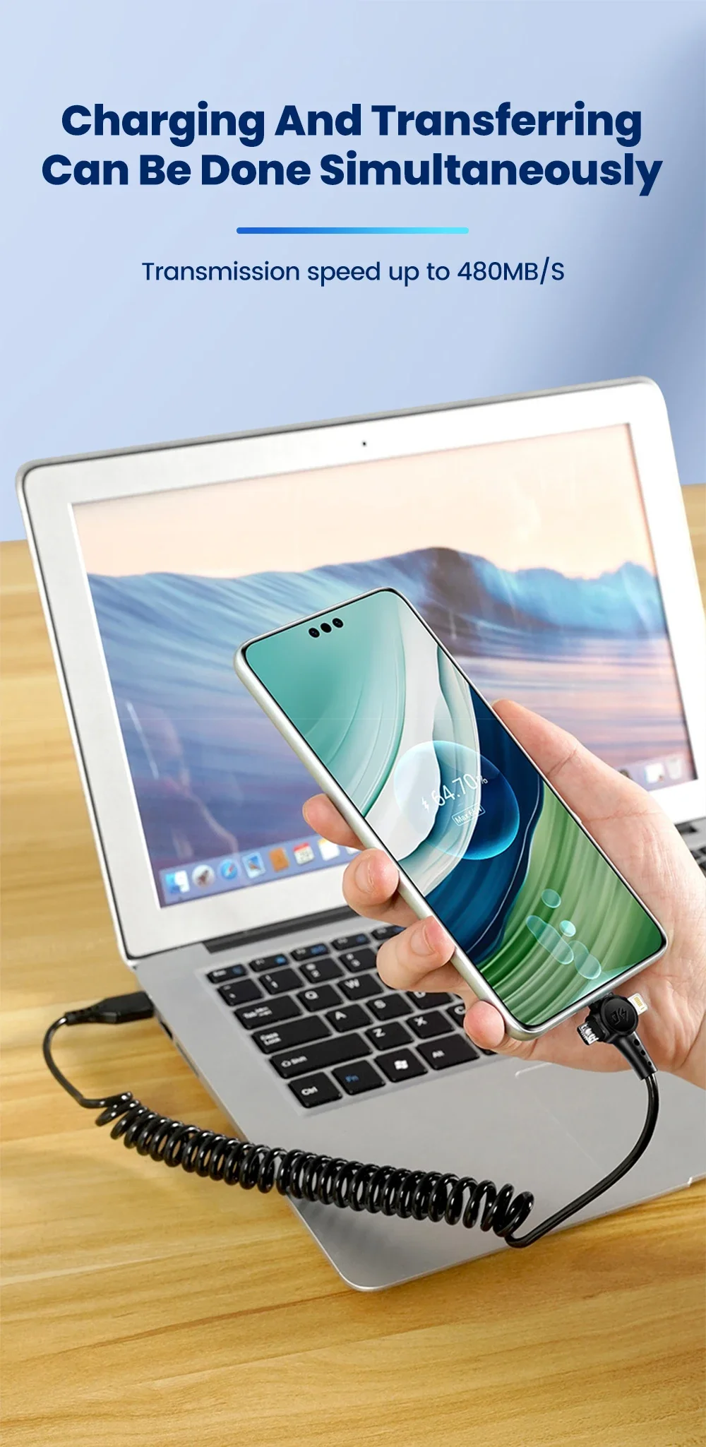 120W 3-in-1 Mobile phone fast charging data cable For iPhone Huawei Xiaomi Super fast charging spring retractable data cable