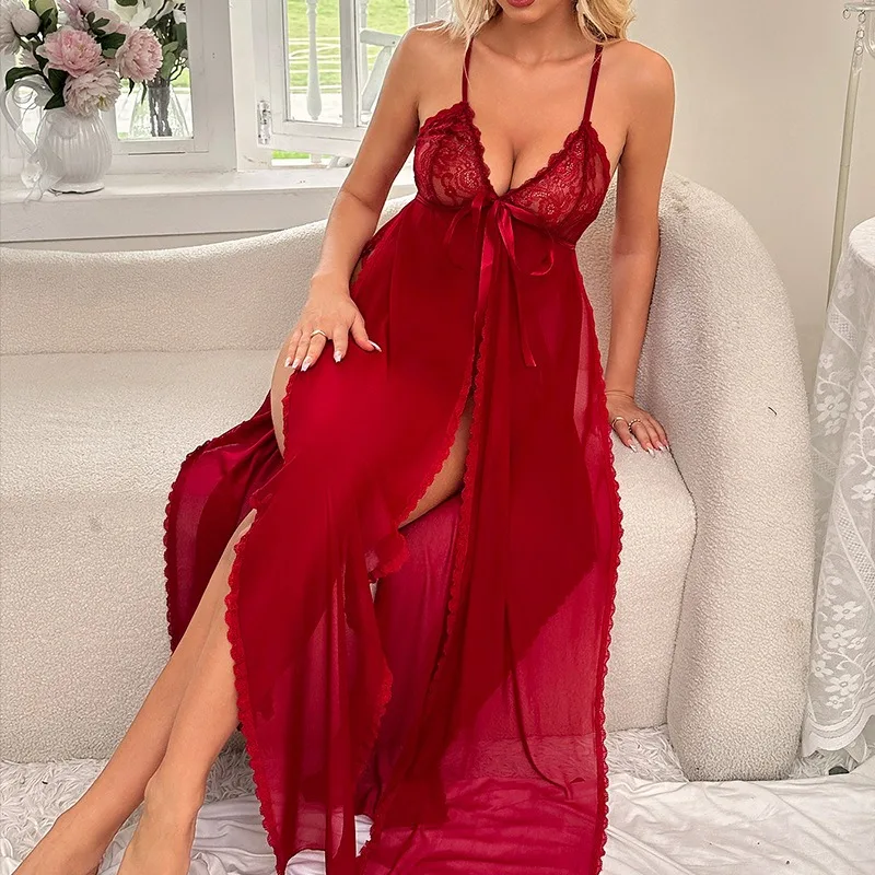 Lingerie sexy pour femmes, vêtements de nuit à col en V, vêtements de nuit ouverts sur le devant, longue chemise de nuit transparente, robe en dentelle pour bébé, vêtements de nuit à enfiler