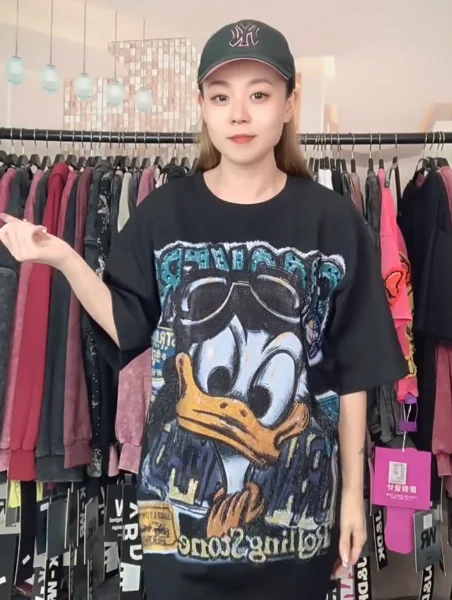 

Trendy Brand Tee Autumn New Heavy Craft Full Diamond Duck Fashion Cartoon Cute Oversized Loose Short Sleeve T-Shirt Women