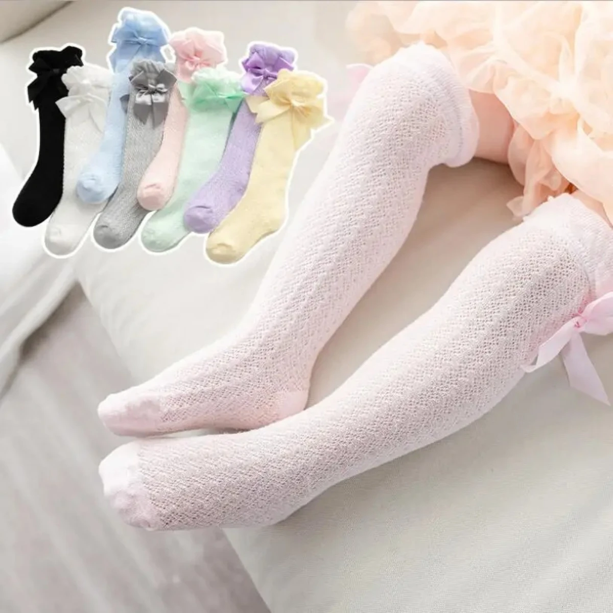 3 Paar weiße, rosa und blaue Baby-Kniestrümpfe für den Sommer, Schlauchschlauch, Schleife, Anti-Mücken-Kniestrümpfe