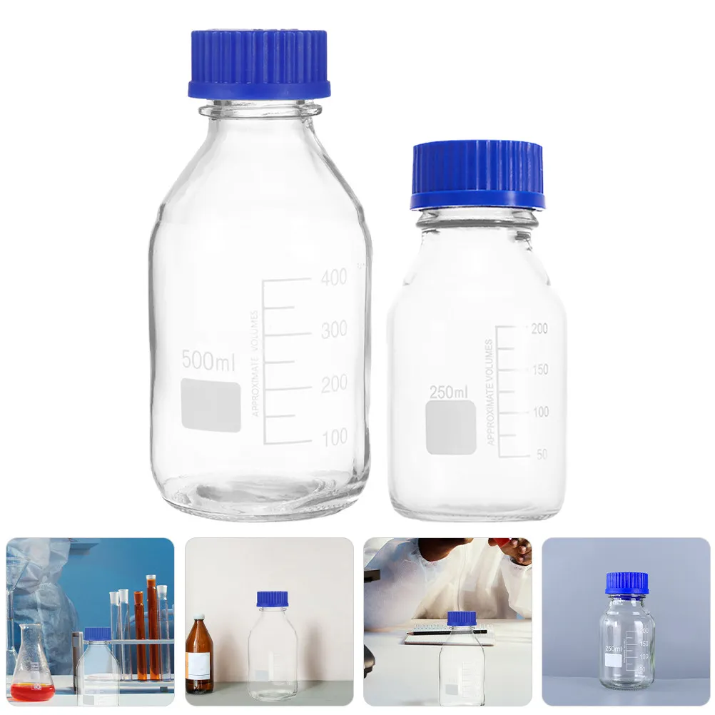 

2Pcs Laboratory Reagent Bottles Graduated Glass Leakproof Sealed Caps Wide Mouth Transparent Chemical Storage Vials for Easy