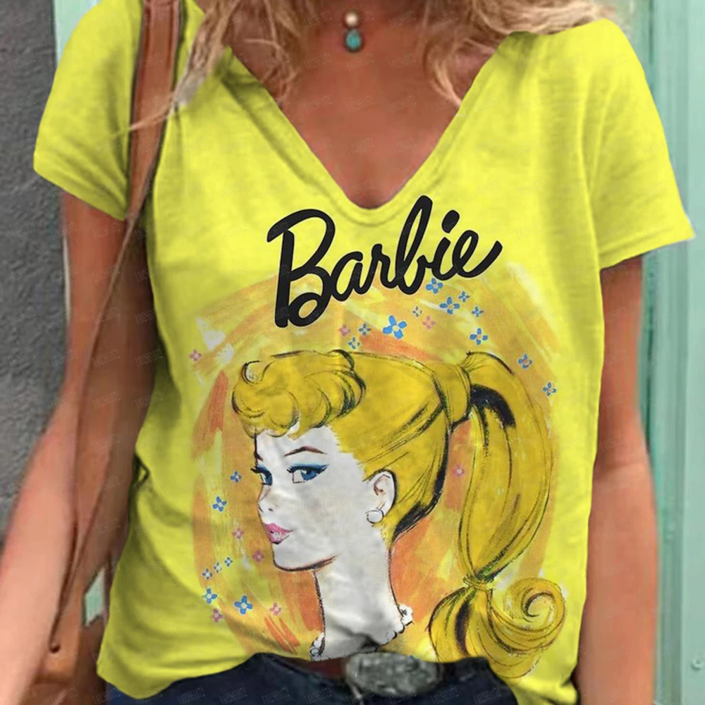 2024 New Women's T-shirt Barbie Princess Print Plus Size T-shirt Summer Women's Fashion Designer Short sleeved Women's V-neck