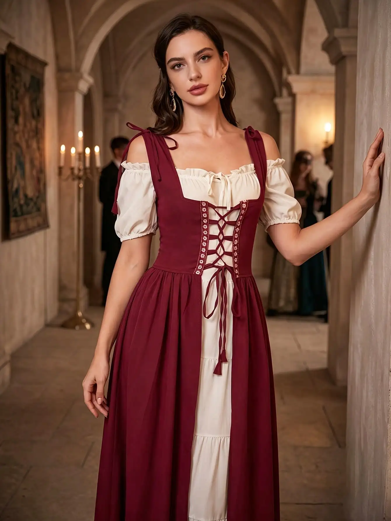 Mittelalterliches Renaissance-Maxikleid, schulterfrei, mit Puffärmeln, Schnürkorsett, Vintage-Stil, für Schlosspartys, Cosplay, langes Kleid – Detail 4