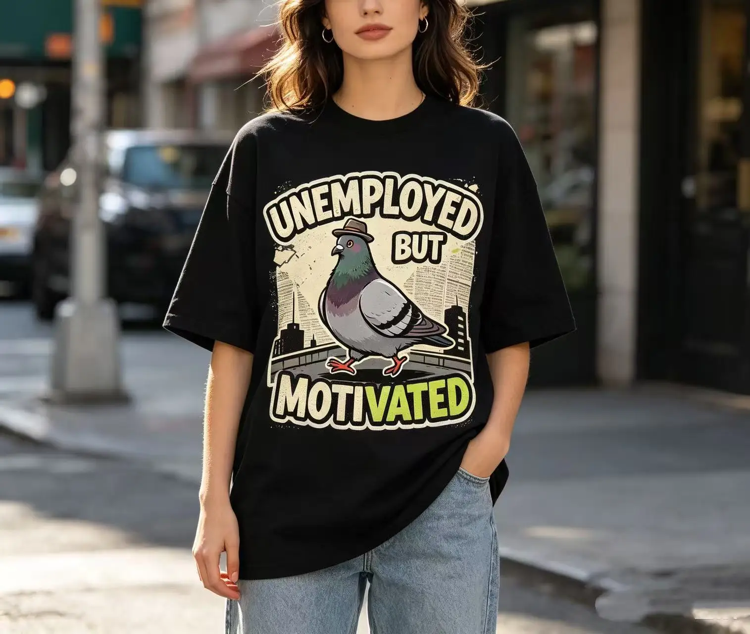 Unisex Unemployed But Motivated Funny Pigeon With Hat City Newspaper Retro Graphic T‑Shirt Men Women Humor Slogan Print Oversized Tee