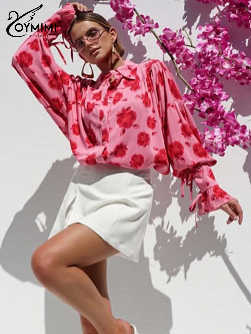 

Oymimi Fashion Pink Print Women Shirt Elegant Long Sleeve Single Breasted Shirts Casual Lace-Up Loose Blouses Female Clothing