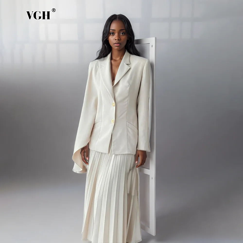 

VGH Elegant Loose Two Piece Sets For Women Notched Collar Long Sleeve Blazers High Waist A Line Skirts Temperament Set Female