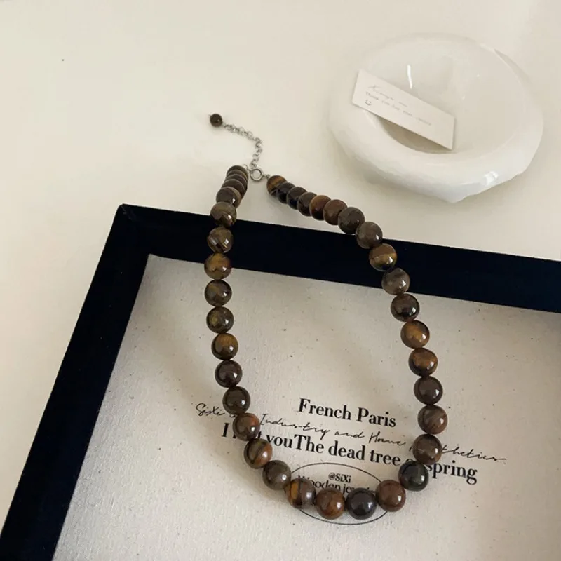 Minar Vintage 4 6 8 10mm Natural Stone Tigereye Strand Beaded Necklace for Women Femme Silver Plated Chain Chokers Sweater Chain