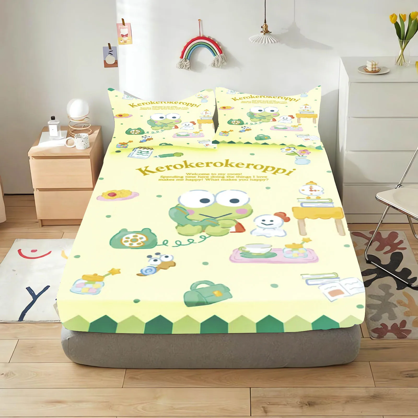 Kerokero Fitted Sheet Children 100% Polyester Coverage Sheets Cartoon Cover Elastic Cute Digital Printing Bedding Teenager