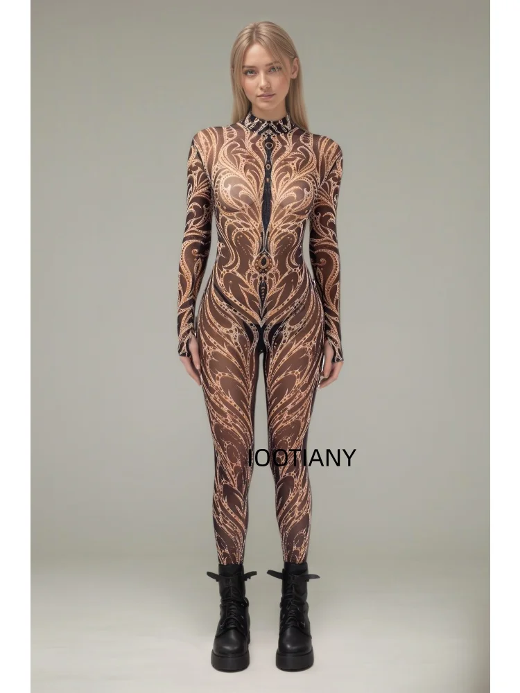 Gotischer, mehrfarbiger, eng anliegender Bodysuit mit goldenen Musterlinien, Galaxy-Blumenmuster, Cosplay-Catsuit, Halloween-Rollenspiel, Bühnen-Rave-Outfit, Jumpsuit 2026 – Detail 4