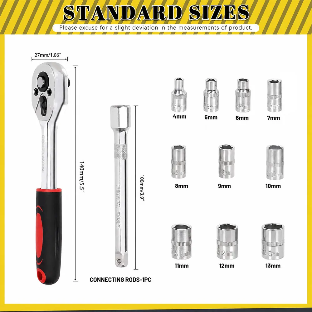 12Pcs 1/4 Inch Ratchet Socket Wrench Set, 4-13mm Metric Sockets, Quick Release Reversible Ratchet, Extension Bar for Auto & Home