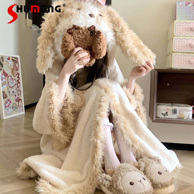 

Милый плюшевый флисовый утолщенный комплект: женский домашний костюм в японском стиле, свободный, с милым мультяшным принтом, удобный для сна