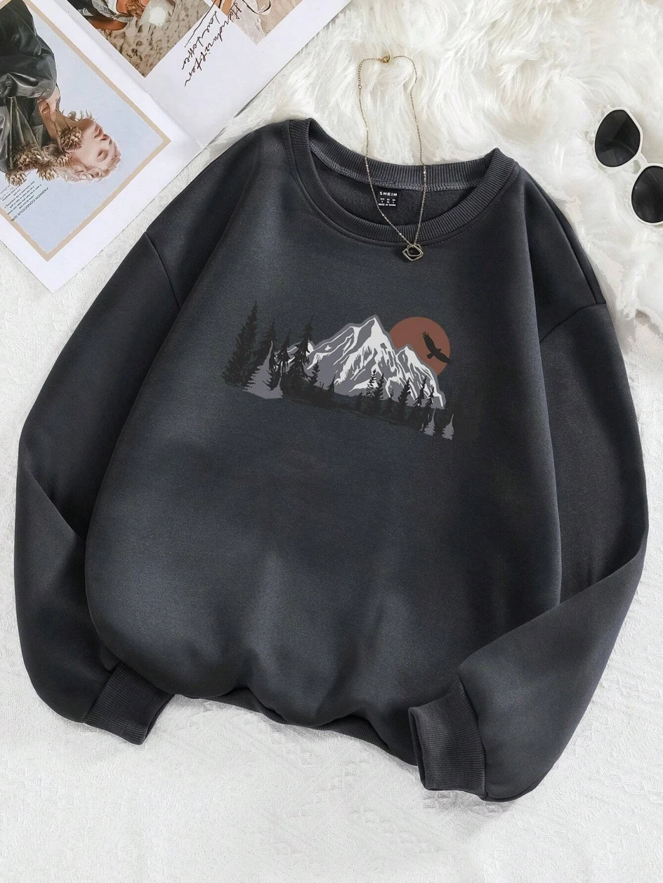 Forests&mountains Printing Sweatshirts Women Harajuku Soft Pullover Fashion Warm Clothing Loose Crewneck Fleece Female Hoodies