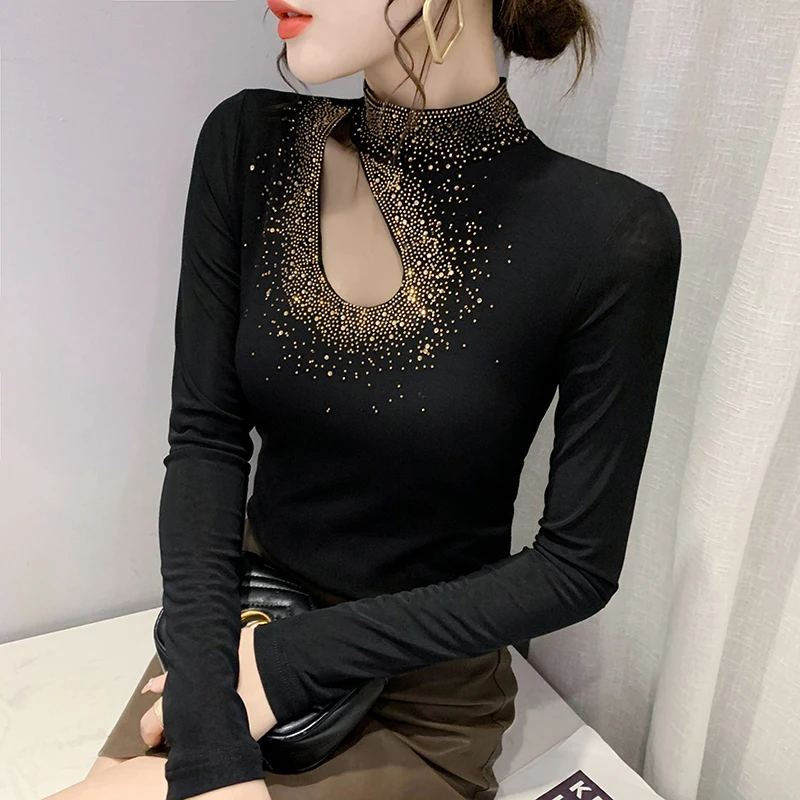 MadBlack, European Clothes T-Shirt, Sexy Women Mock Neck Diamonds Top, Long Sleeve Hollow Out Slim Tee, Autumn Winter T49932CC