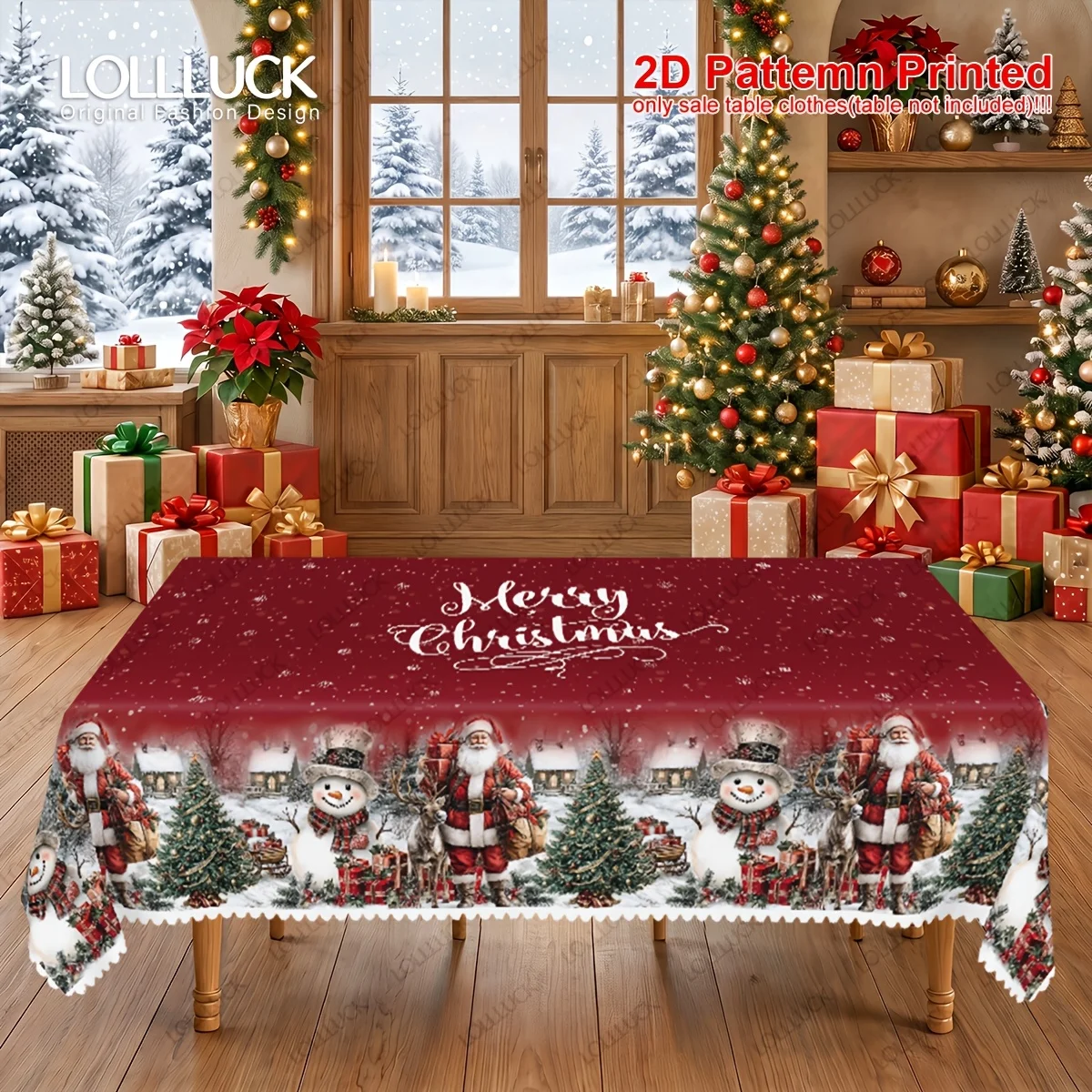 VIKAMA Vintage Christmas Tablecloth Burgundy Snowman Santa Reindeer Cottage Tree Lace Washable Rectangle Table Cover for Dining