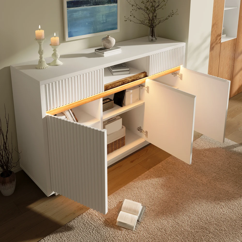Buffet blanc 140x40x85cm avec 2 tiroirs et 3 portes, étagères intérieures réglables, meuble de rangement moderne pour salon, couloir, cuisine, organisateur de meubles pour la maison avec charnières métalliques et conception anti-basculement