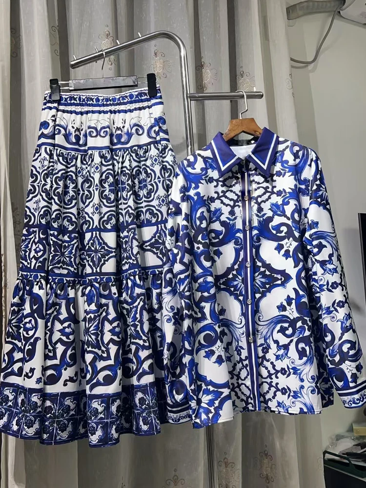 

2025 autumn women's retro geometric print lapel short sleeved shirt two-piece set+high waist loose A-line skirt fashion set