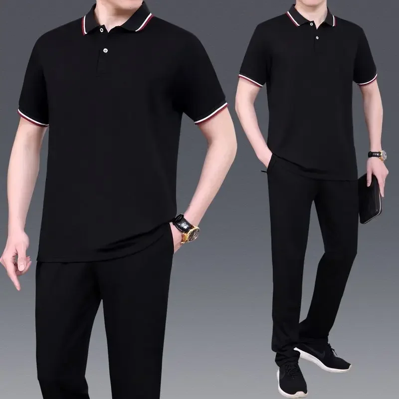 Plain T-shirts Pants Suits for Men Sports Chic Essential Slim Fit Elastic Polyester Aesthetic Summer Clothes Man Trousers Sets