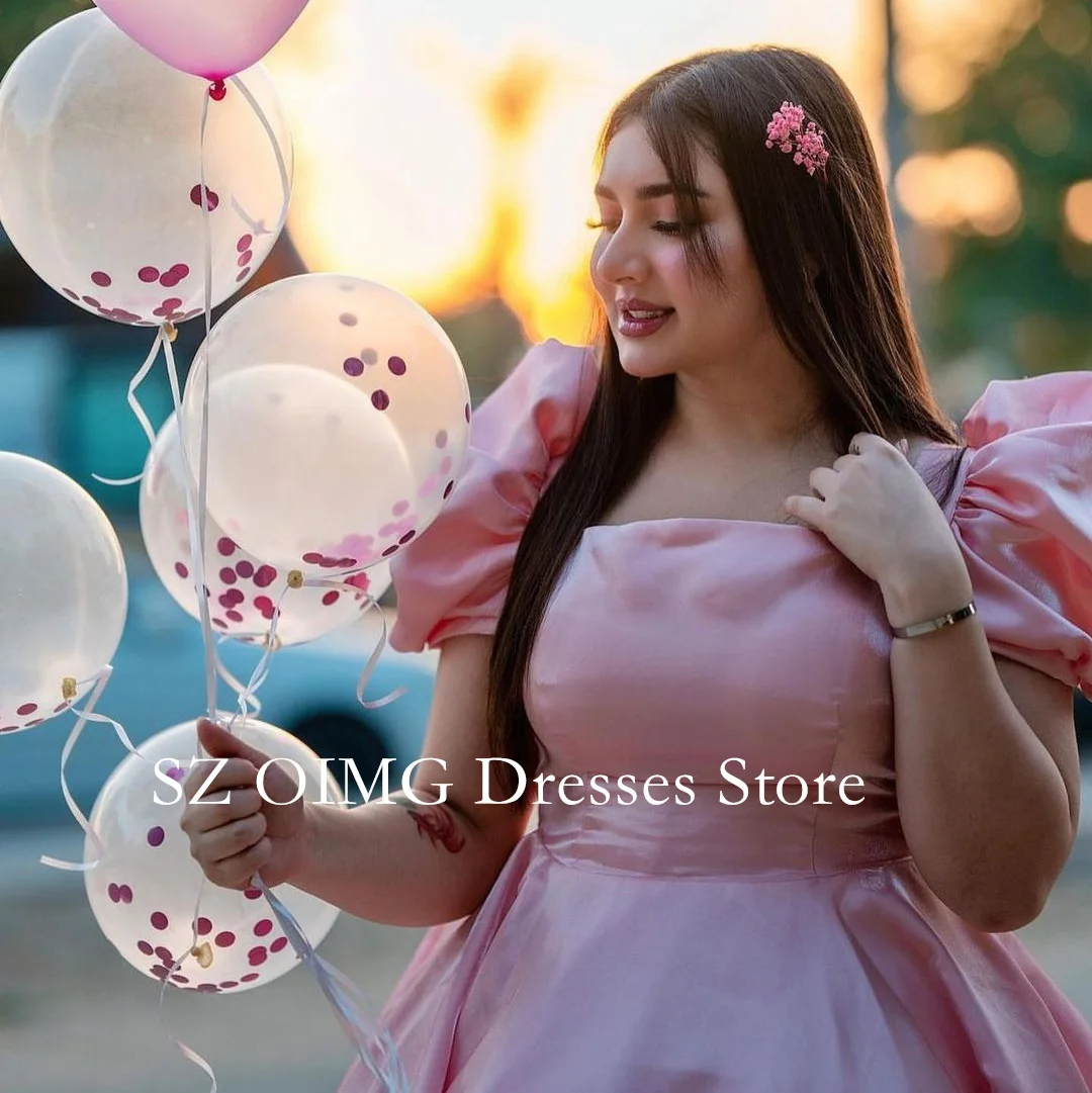 OIMG Square Neck Women Satin Fashion Tea Length Pink Prom Dresses Customized Arabic  Gowns 2024 Formal Party Dress Customized