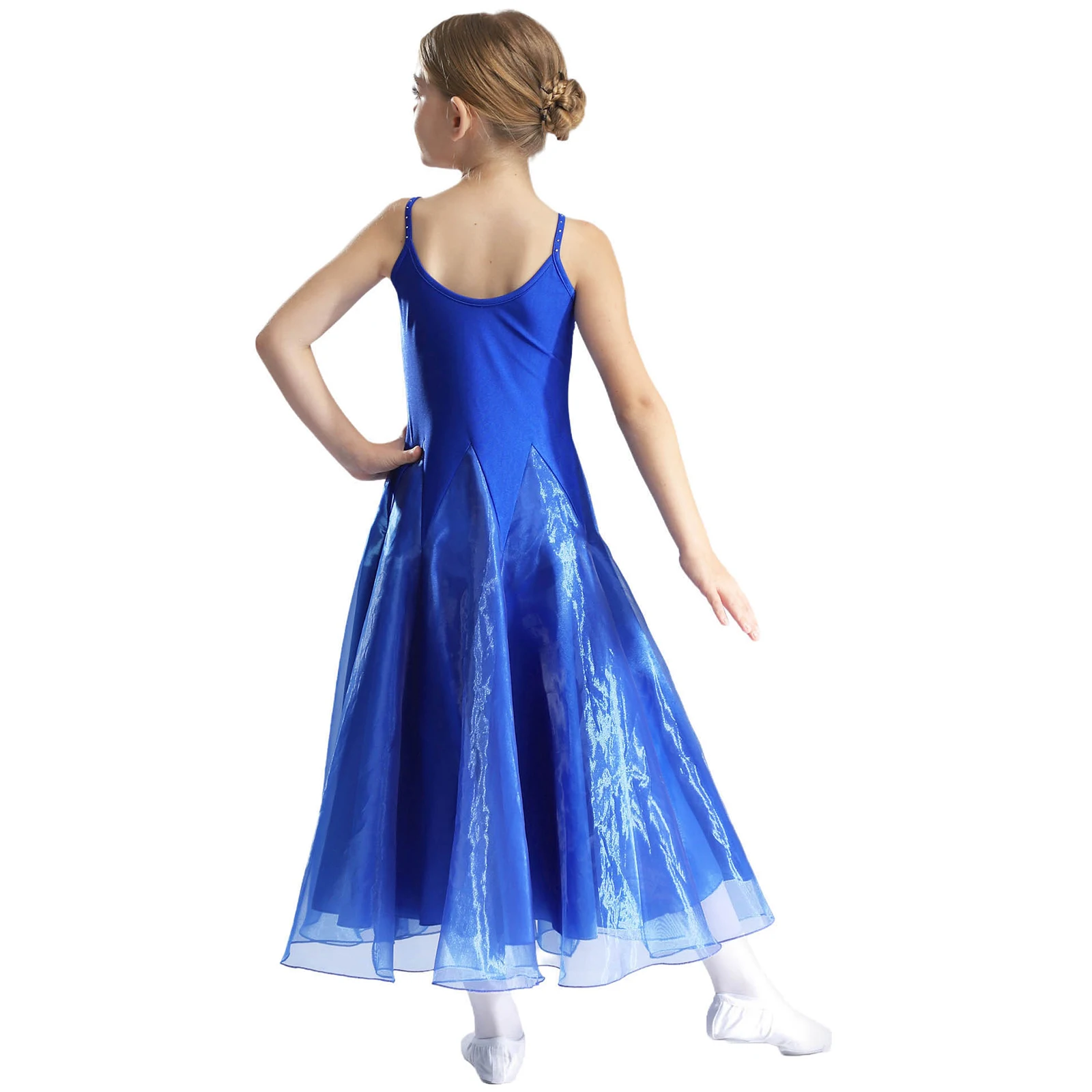 Children Girls Modern Lyrical Dance Dress Ballroom Dancing Waltz Costume Spaghetti Straps Shiny Rhinestones Wide Hem Dancewear