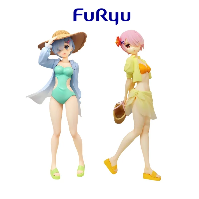 

In Stock Original FuRyu Re:Life in A Different World From Zero Rem Ram Summer Vacation Swimwear Anime Figure Model Doll Toy Gift