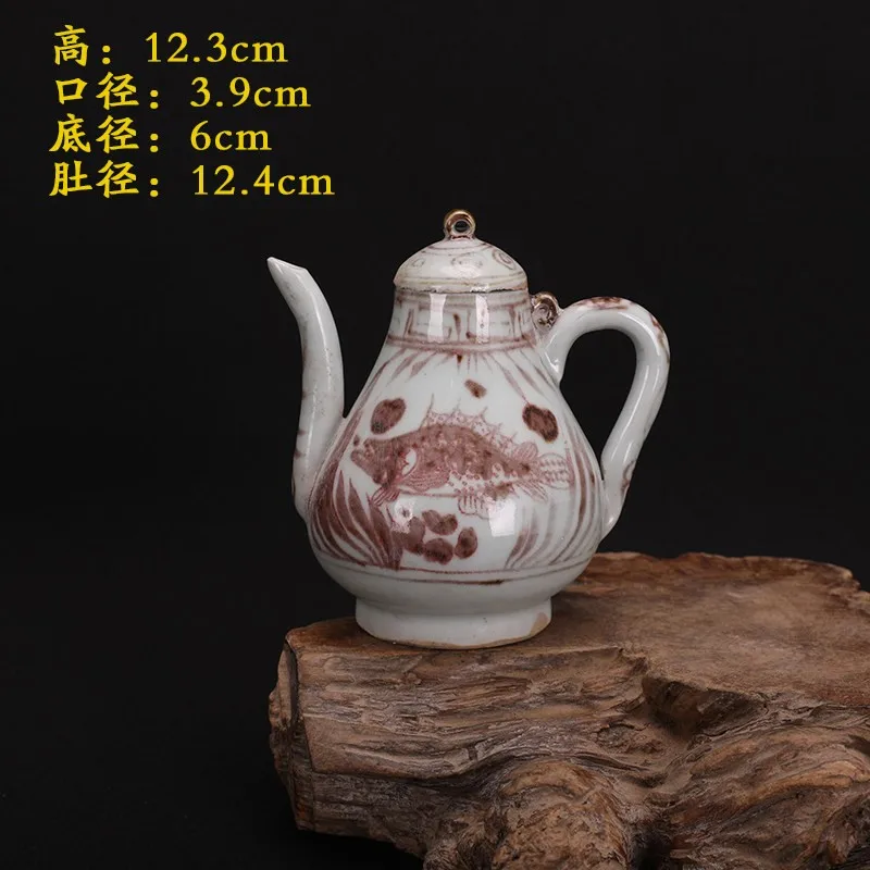 4.9 inch Chinese Yuan Underglaze Red Porcelain Fish Waterweed Pattern Teapot