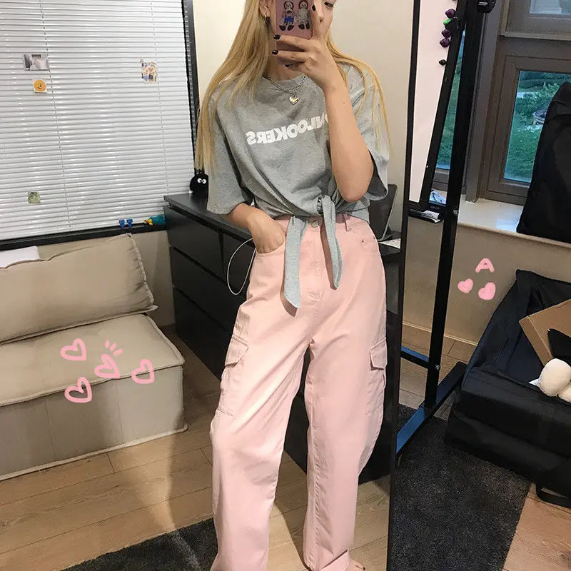 

Women Pink Cargo High Waist Wide Pants Straight Palazzo Pants Fashion All-Match Trousers Harajuku 2024 Women Solid Pockets Pants