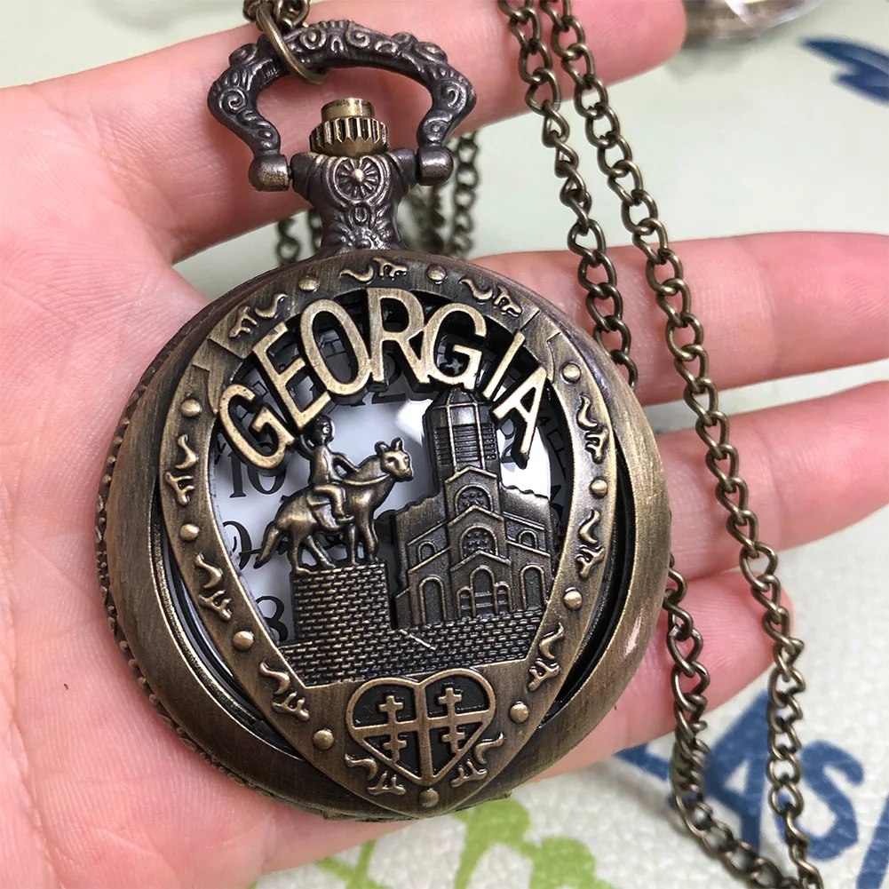 Bronze Hollow Georgia Landmark Pattern Display Quartz Necklace Pocket Watch Arabic Numerals Analog Sweater Chain Pocket Clock