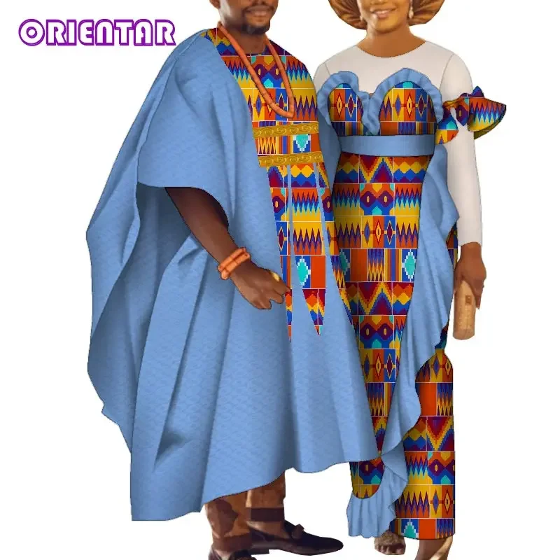 2 Pcs African Matching Clothes for Wedding Men Women Dashiki and Dress Robe Africaine Traditional African Clothing WYQ789