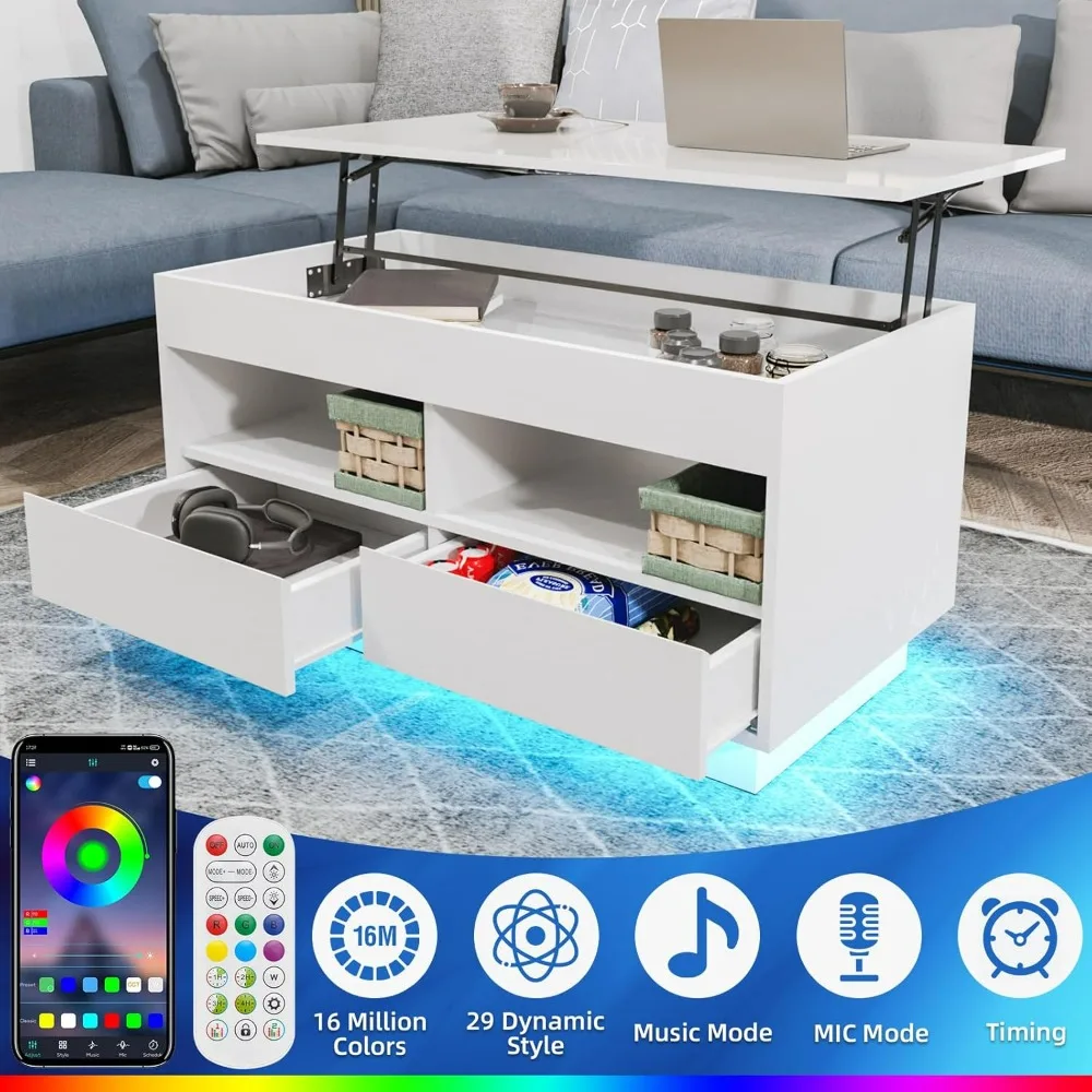 LED Coffee Table for Living Room Lift Top Coffee Table with Storage Morden High Gloss 4 Tiers White Tea Table Center Tables Sofa