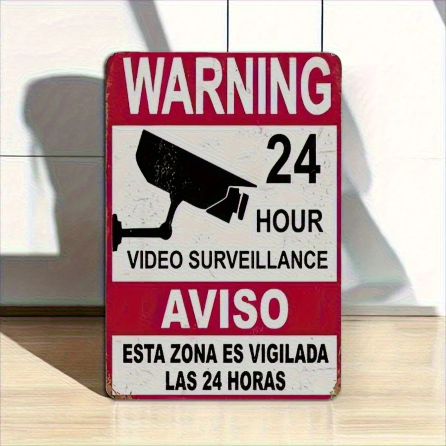 English Spanish Bilingual 24 Hour Video Surveillance Warning Metal Tin Sign Security Camera Vintage Iron Warning Plate for Home