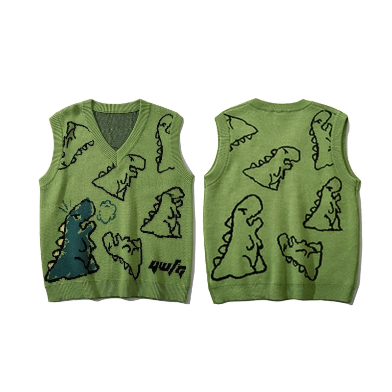 

Y2K Retro Green V Neck Dinosaur Print Knit Sweater Vest New Trendy Versatile Casual Daily Autumn Streetwear Unisex Oversize Tops