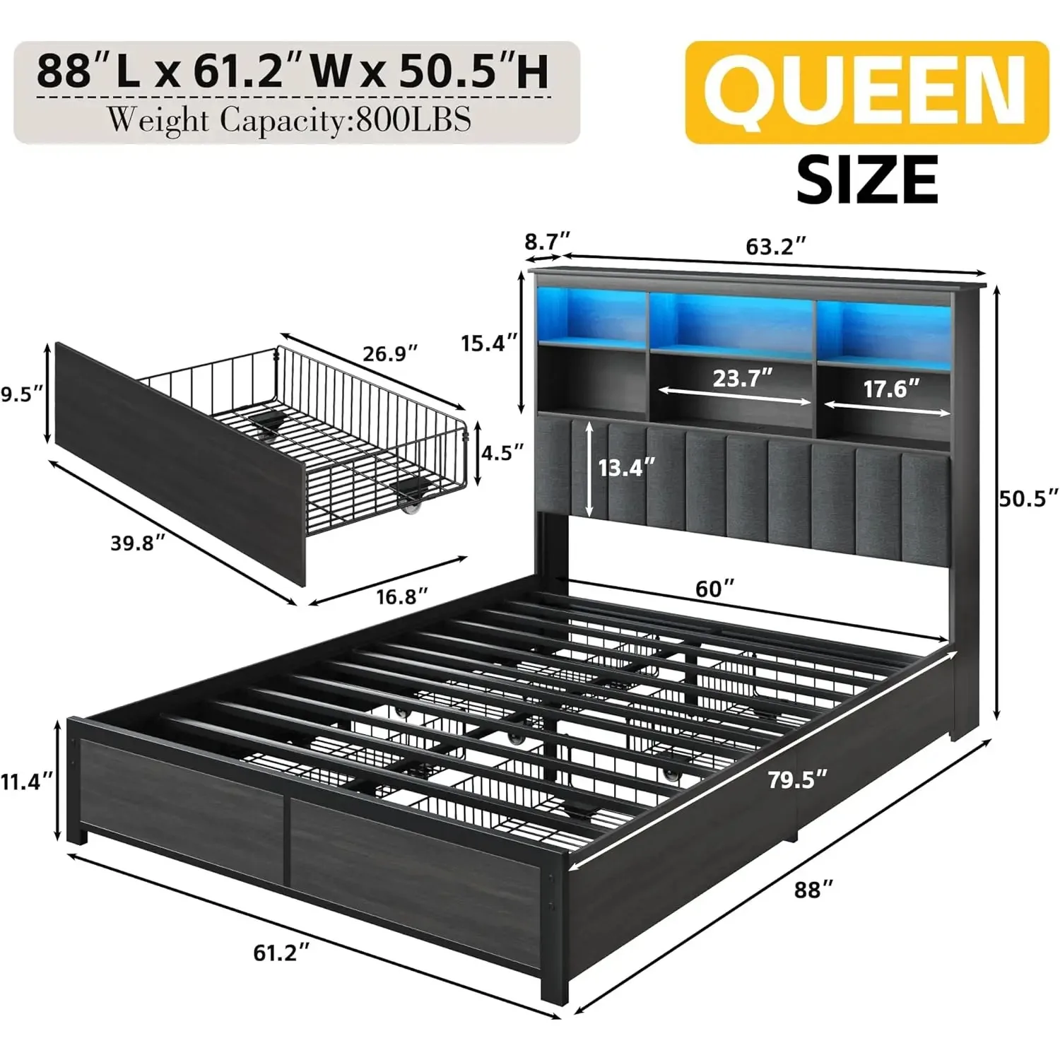 Bed Frame with Headboard, Queen Bed Frame with High Storage Bookcase Headboard,4 Storage Drawers & Charging Station