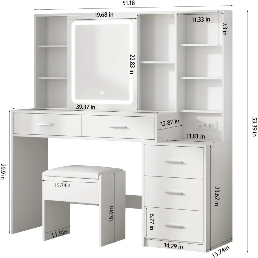 Dressing Table with Mirror and 3 Colors of Lighting, Drawer Storage Space, Hooks, Hidden and Open Shelves, White Dressing Table