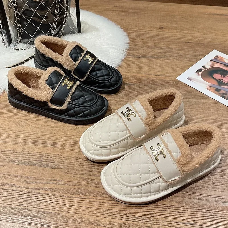 

Winter women's cotton shoes with velvet warmth one foot pee beanie shoes mom fashion low-top snow boots flat shoes women