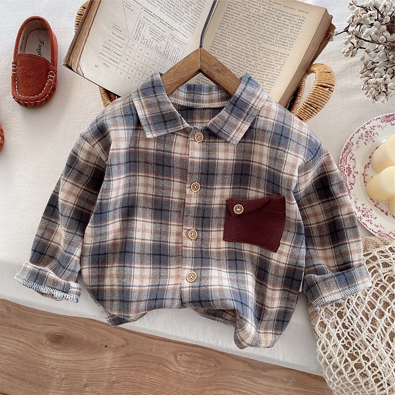 طقم قميص منقوش بجيب متباين للأولاد لخريف 2025 قميص أطفال بأكمام طويلة على الطراز الأجنبي الجديد ملابس أطفال #5