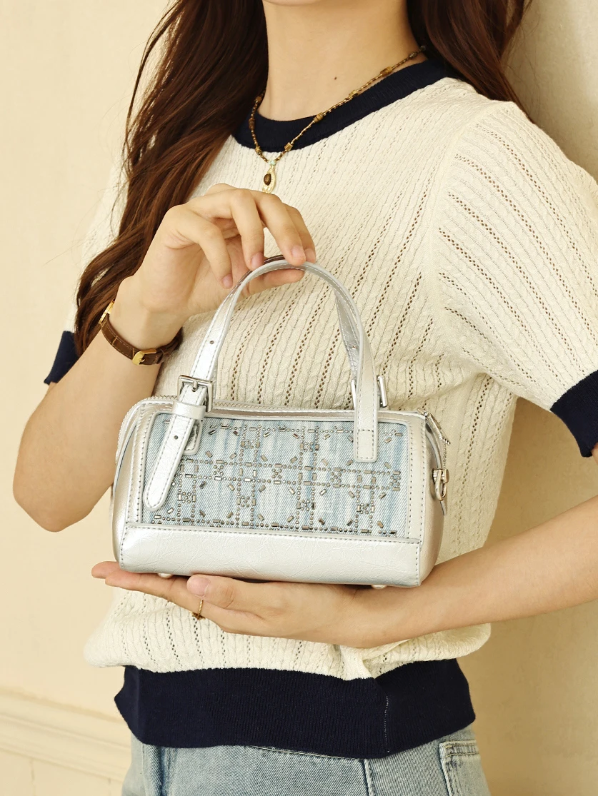 Y2K Hot Girl Style Denim Patchwork Silver Leather Boston Bag, Rhinestone Plaid Decorative Handbag, Sweet and Cool Style Versatile Retro Handbag Bowling Bag for Girls
