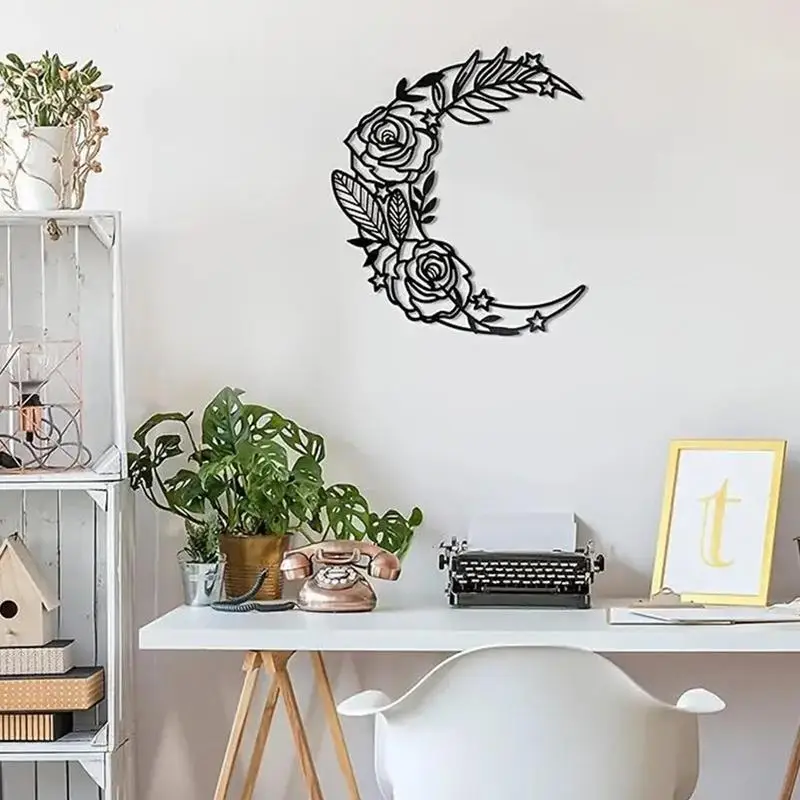 

Black Metal Wall Art Moon Metal Floral Art Decor Iron Art Boho Silhouette Sign For Home Living Room Bedroom Kitchen Offices