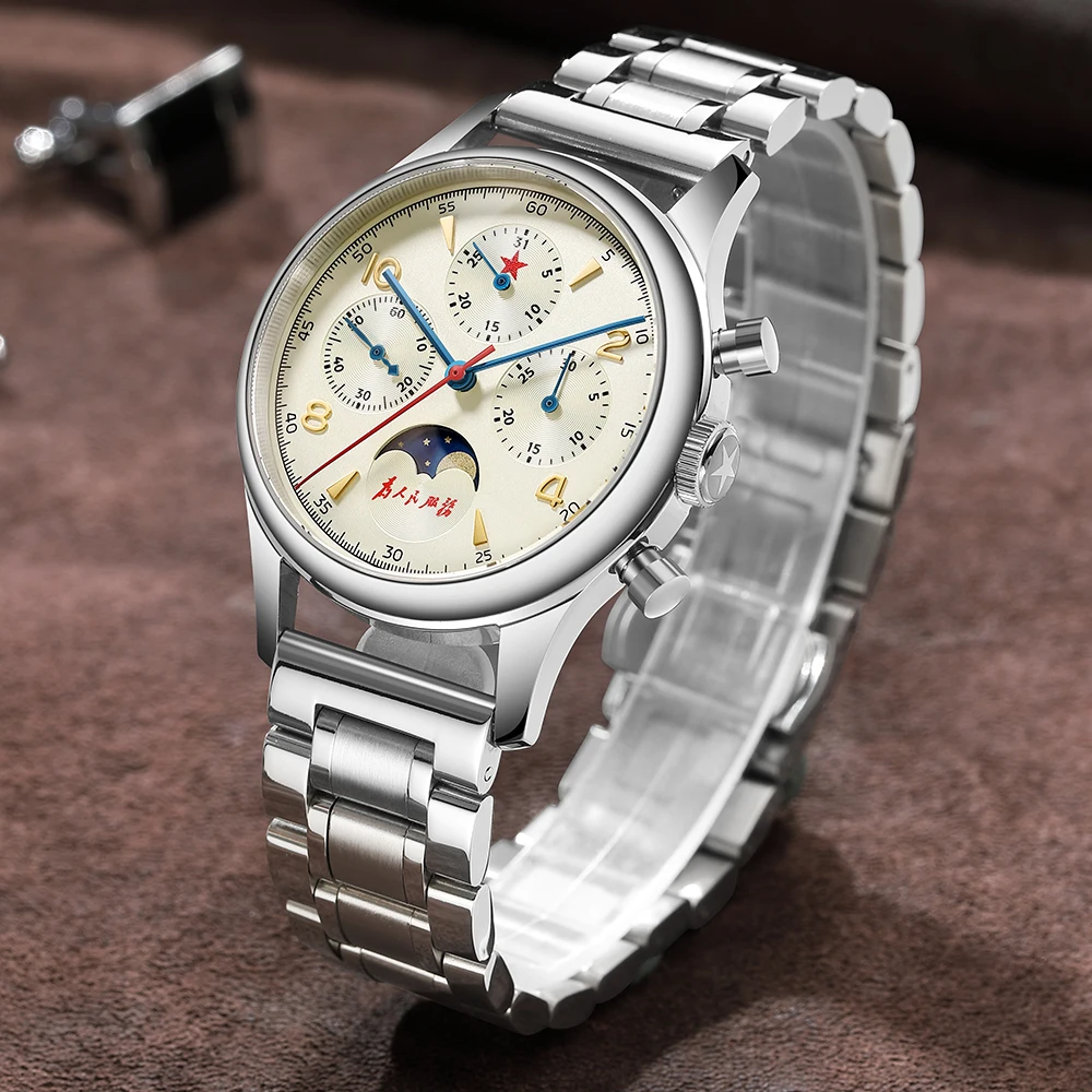 SEAKOSS RED STAR 1963 Moon Phase Chronograph Mechanica Men\'s Stainless Steel Watches ST1908 Manual Winding Sapphire 40mm Watch