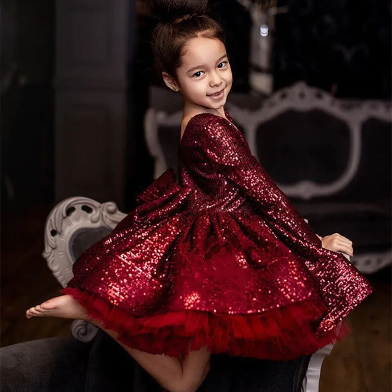 2024 Baby Girl Glitter Sequined Princess Dress Bow Formal Children Kids Gown Modern Dance Costumes Long Sleeve Girls tutu Dress