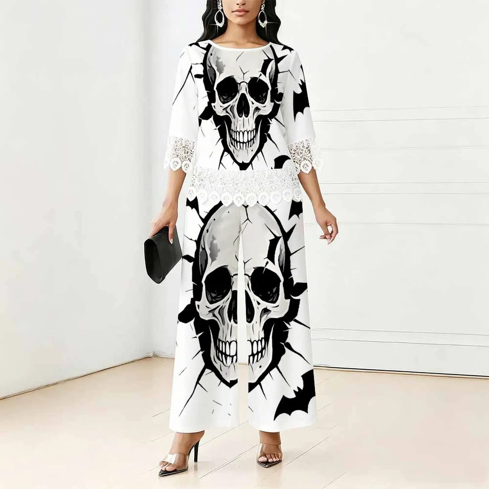 Women Spring/summer Print Two Piece Set Street Vacation  Short Sleeved Fashion Retro Tops Everyday  Casual Long Pants