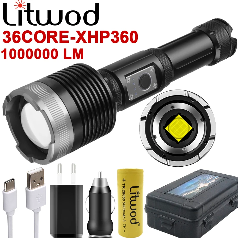 

10000000LM Led Flashlight 36Core XHP360 Super Bright Use 18650 & 26650 Battery Power Bank Function Torch Zoom Hiking Lantern