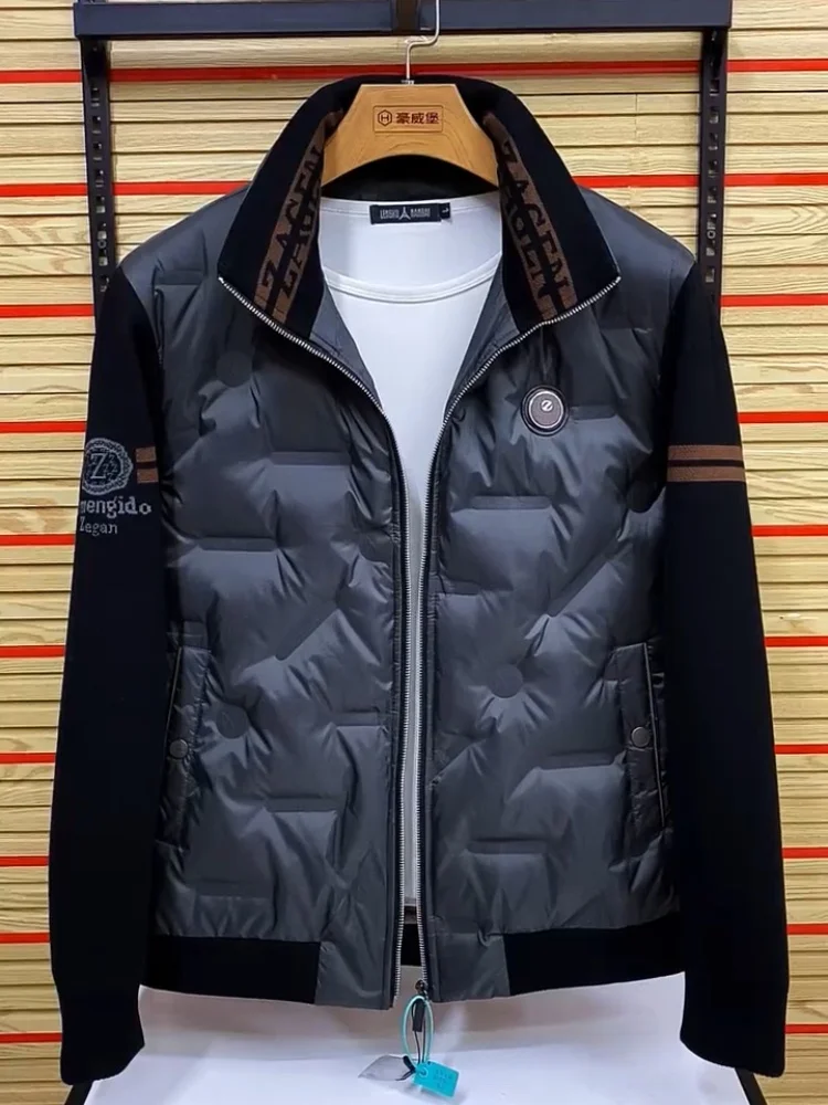 

Глянцевая мужская пуховая куртка с вязаными рукавами и воротником-стойкой, молодежная модная теплая верхняя одежда, повседневная, из полиэфирного волокна, с наполнителем из пуха.