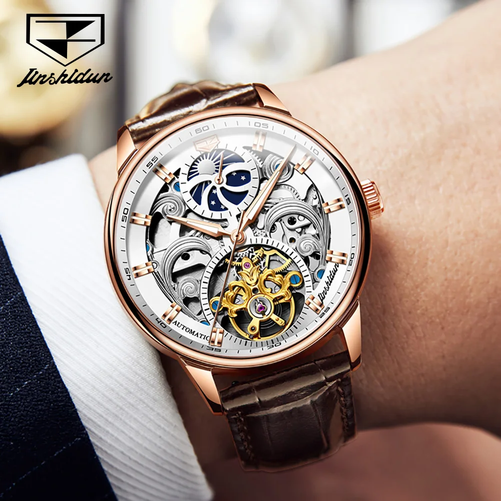 JSDUN Fashion Skeleton Men Automatic Mechanical Watch Casual Business Men\'s Wrist Watches Original Classic Leather Watch for Men