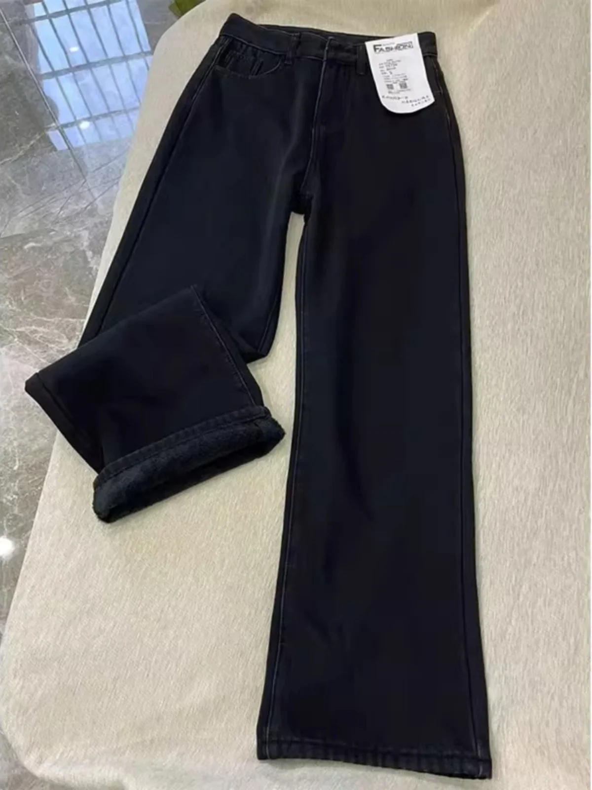 

High Waist Slim Fit Bootcut Jeans Women's plus Size Autumn Winter Black Fleece Lined Straight Leg Trousers Fashionable plus Size