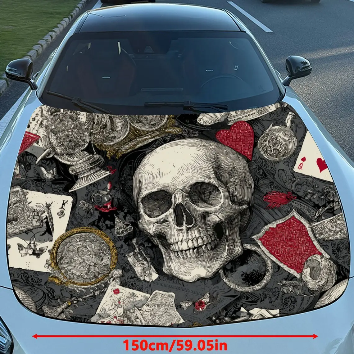 Car Decals Skull With Assorted Elements Design, Featuring A Skull Surrounded By Items Like Cards And Gears, Exuding A Cryptic An
