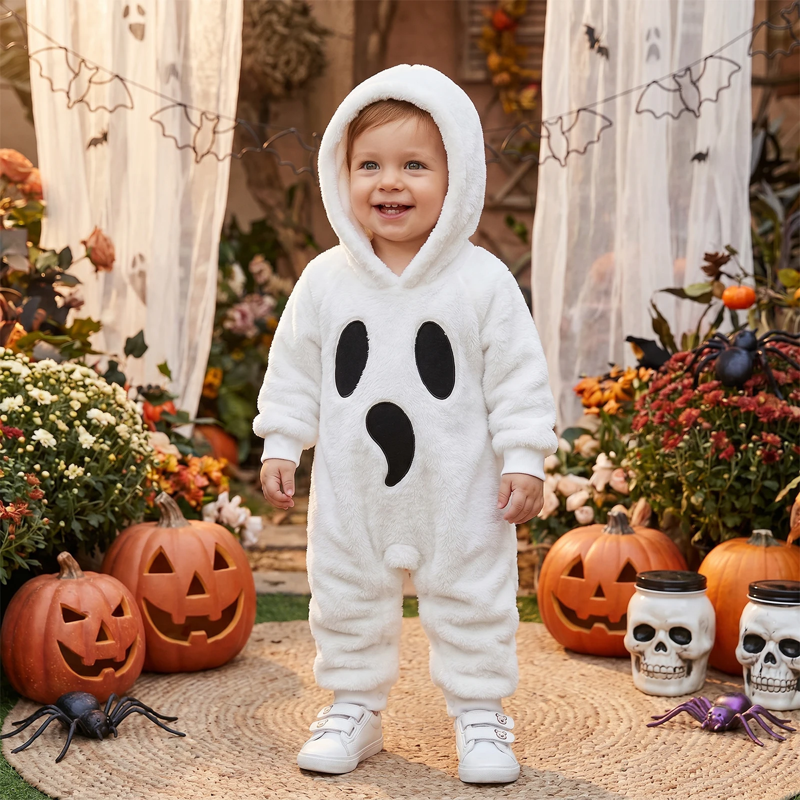 2027 Winter Baby Ghost Halloween Costume Rompers Warmer Plush Cute Long Sleeve Hooded Romper for Holiday Costume