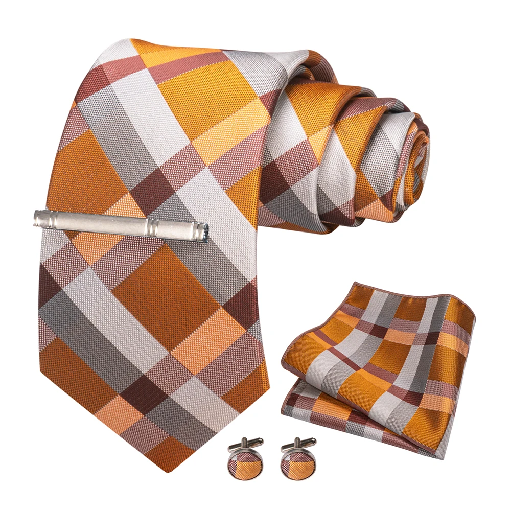 JEMYGINS Mode Männer Krawatte Luxus Gelb Gold Striped Plaid Seide Hochzeit Krawatte Für Männer Hanky Manschettenknopf Krawatte Set Bussiness Party geschenk – Detail 9