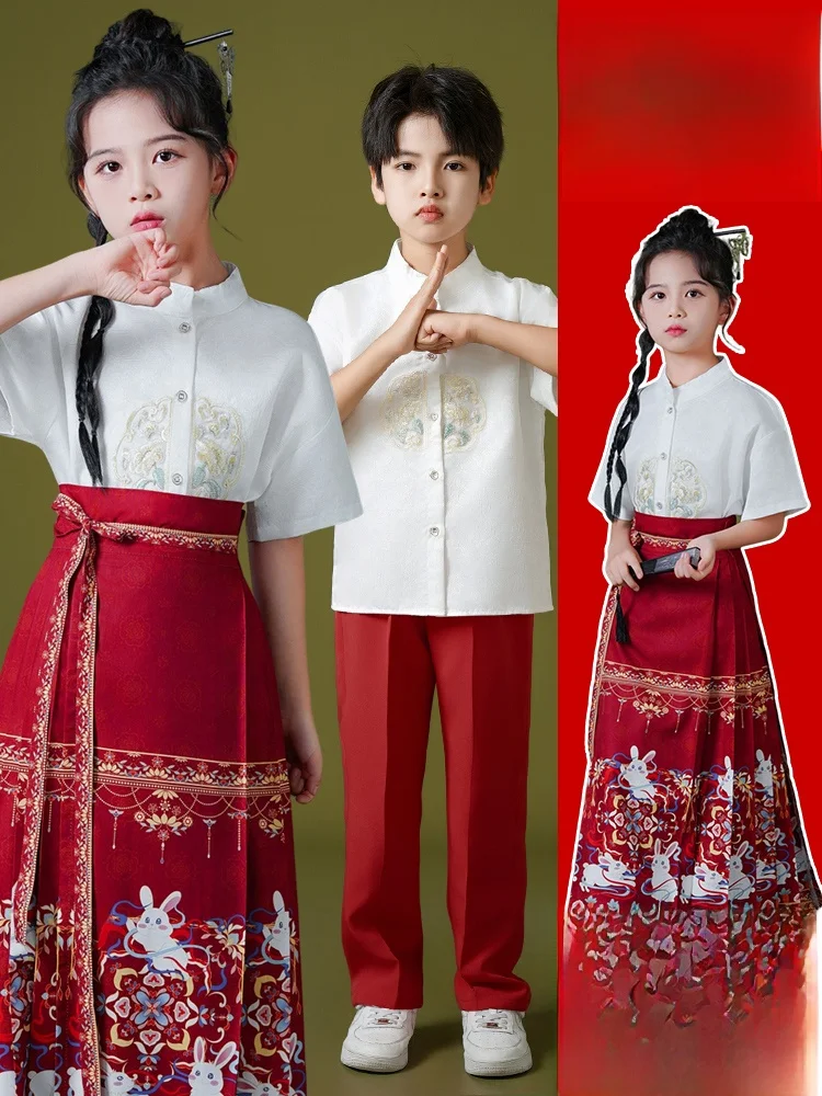 

Красный детский костюм для выступлений хора, национальный костюм Ханьфу для девочек, для учащихся начальной школы, для патриотических выступлений