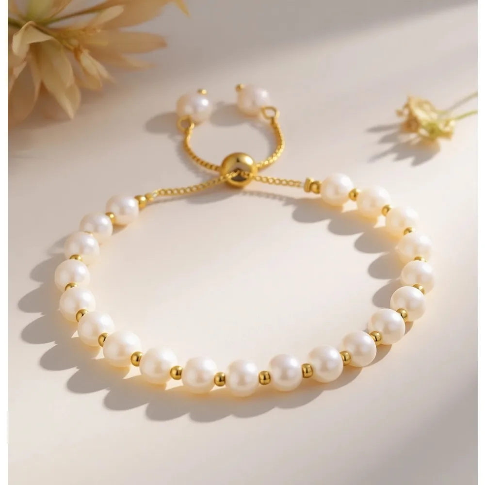 

Регулируемый золотой браслет-слайдер с жемчугом, изящный тонкий браслет для женщин, не тускнеющий, модное украшение