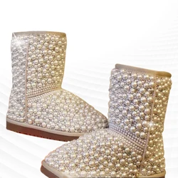 Large size heavy industry drill pearl party wedding fur one snow boots hand custom casual women's cotton shoes 35-44